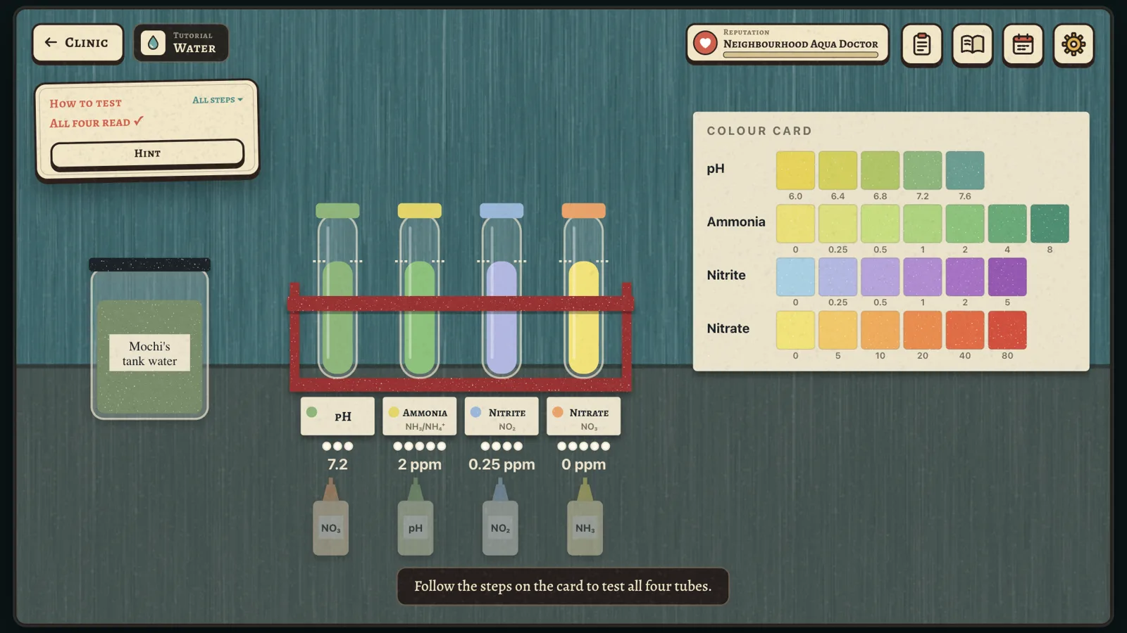 Four water test tubes in a rack beside a colour card for pH, ammonia, nitrite and nitrate